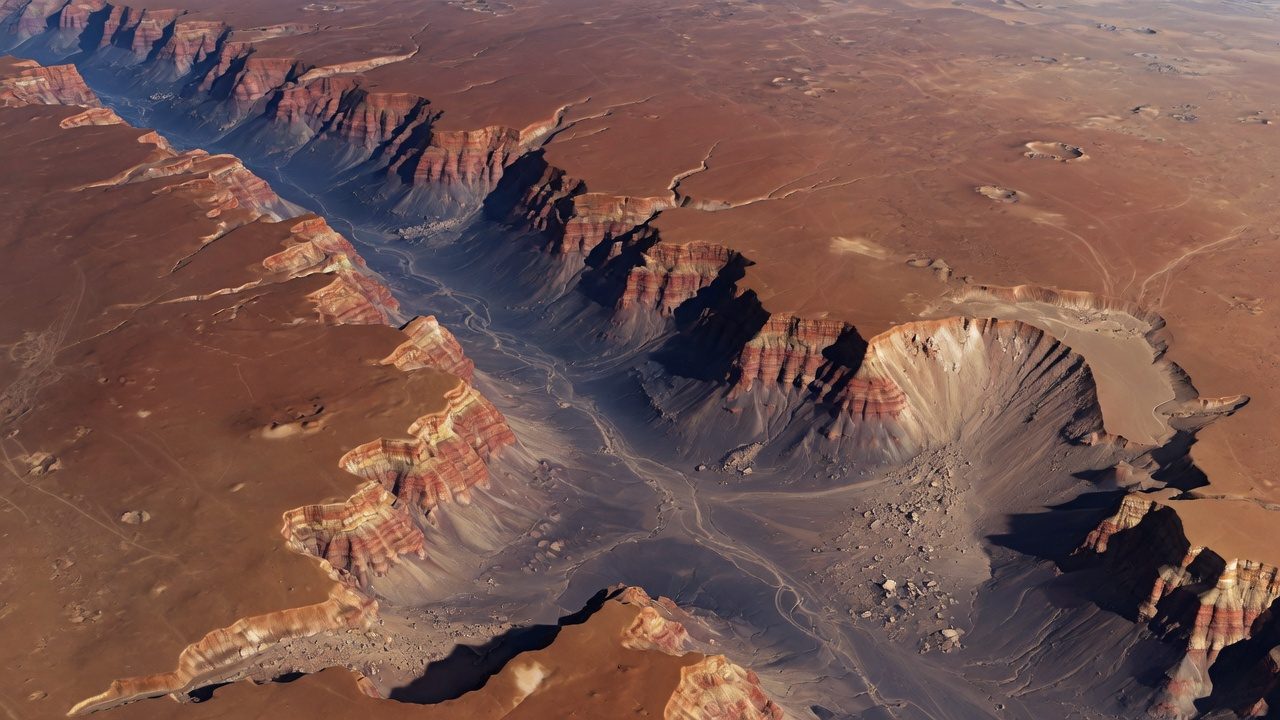 Illustration of a long canyon with layered walls in rust-colored terrain.