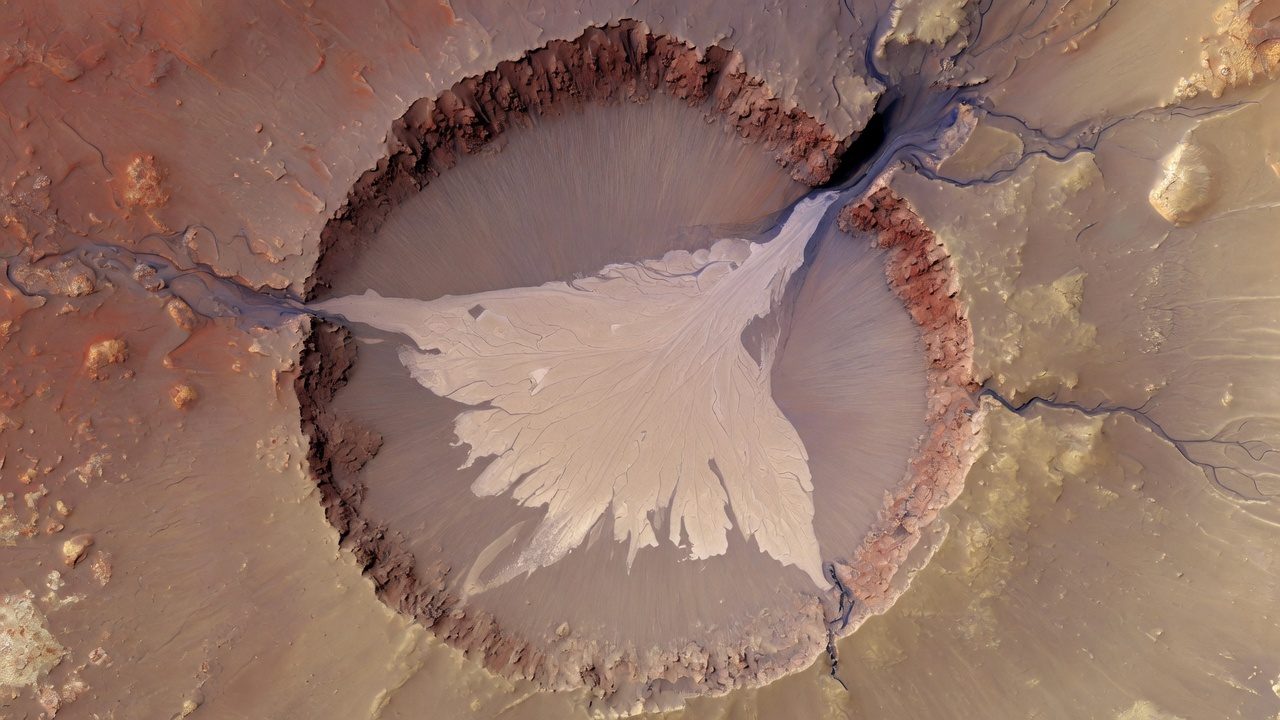 Illustration of a crater with a pale, fan-shaped delta where a channel enters.