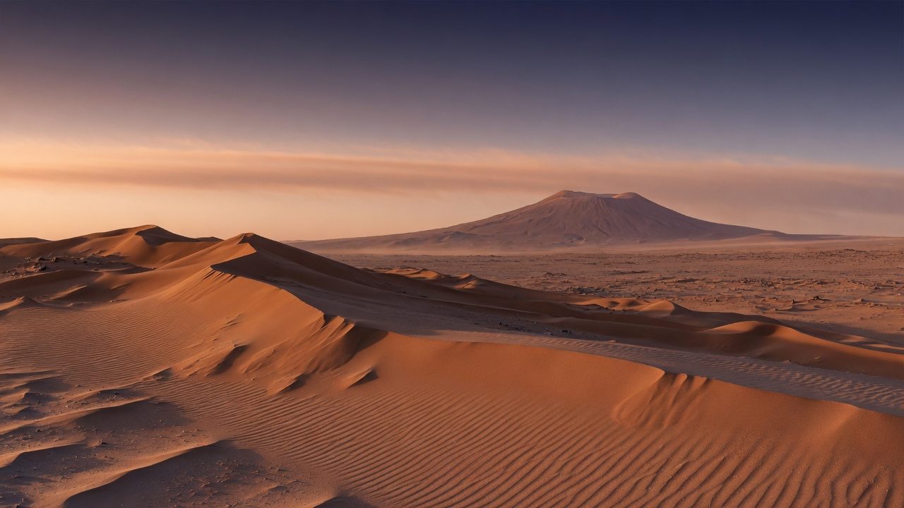 Illustration of a Martian dune field at low sun, with a distant rise on the horizon.
