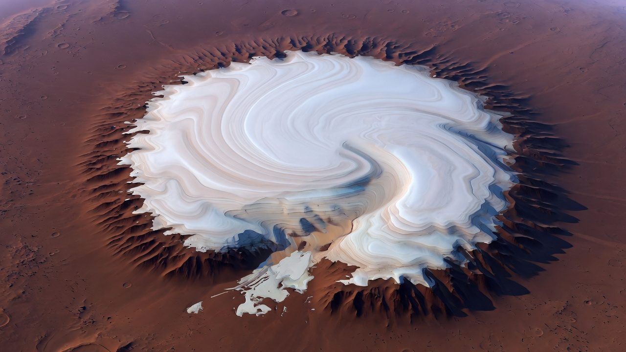 Illustration of a bright polar ice cap ringed by dark dunes.